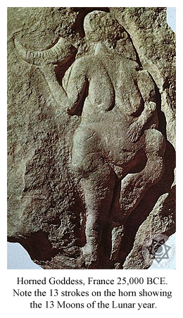 Horned Goddess, France 25,000 BCE. Note the 13 strokes on the horn showing the 13 Moons of the Lunar year.